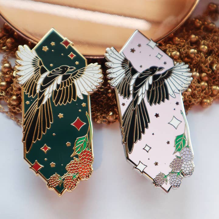 Sacred Beast Magpie Enamel Pins for wholesale by Swiftterly