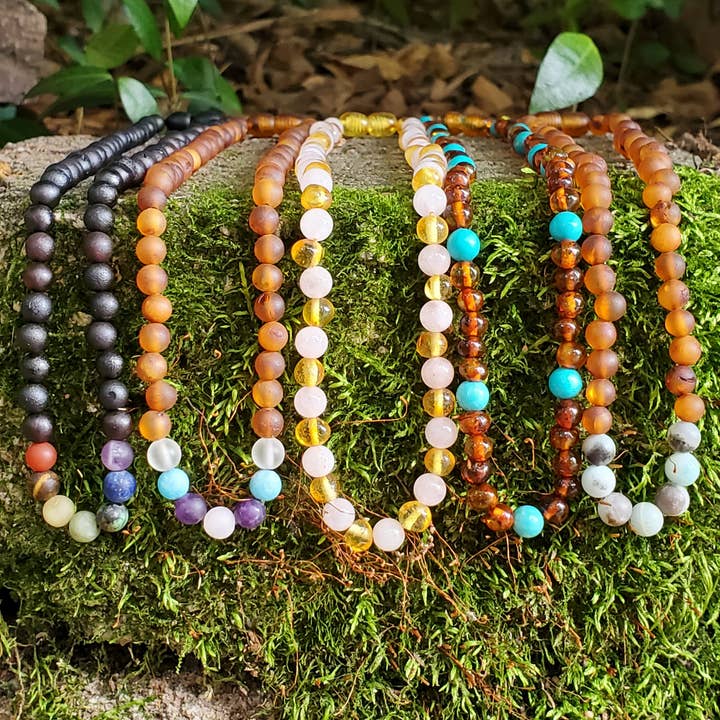R.B. Amber Jewelry - Wholesale Beaded/Pearl Necklace - Adults | Rainbow Gemstones + Raw Cognac Amber Necklace