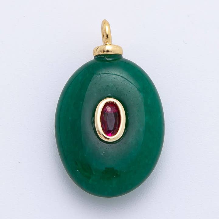 18K Gold Filled 25mm Red CZ Oval Green Aventurine Oval Gemstone Charm | AF1325 for wholesale by Aim Eternal