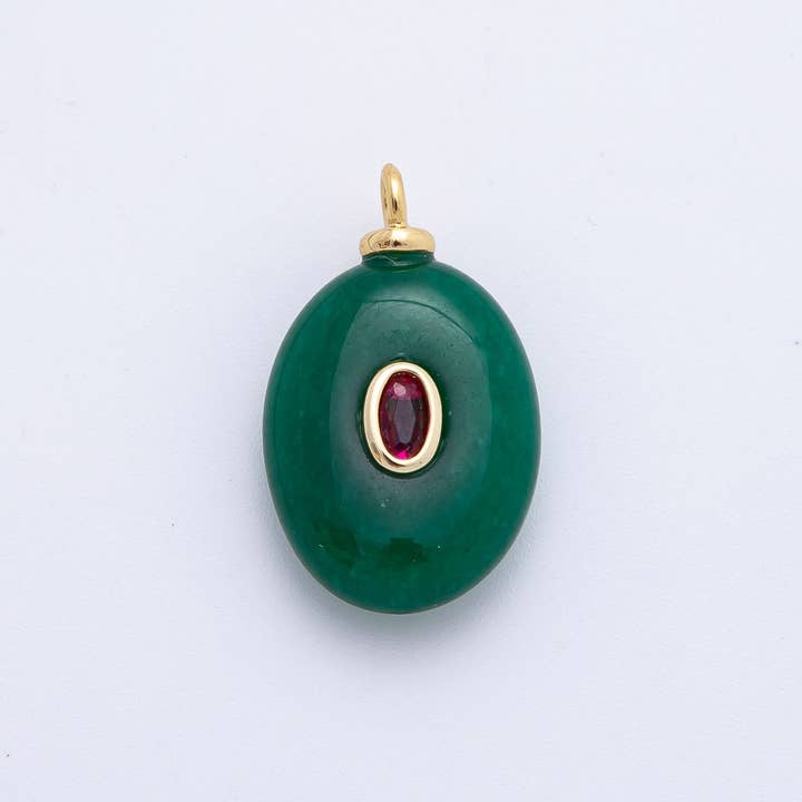 Charm en pierre précieuse ovale en aventurine verte et CZ rouge 25 mm, plaqué or 18K | AF1325 pour la vente par Aim Eternal