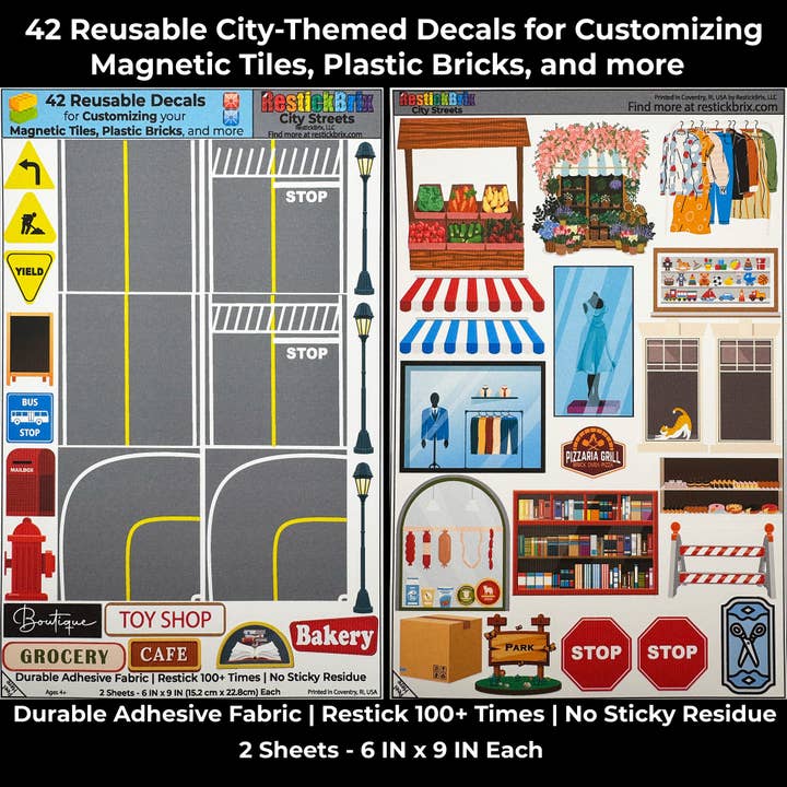 Rues de la ville : Autocollants réutilisables pour personnaliser les tuiles magnétiques, les briques en plastique, et plus encore pour la vente par RestickBrix