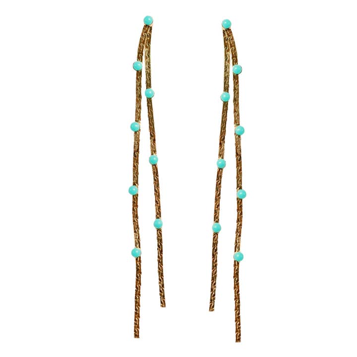 Turquoise Dotted Gold Duster Statement Earrings for wholesale by St Armands Designs of Sarasota
