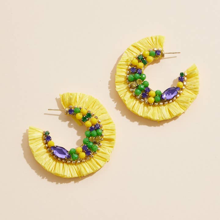 Mardi Gras Hoop Earrings with Fringe Colorful Festival Jewelry for wholesale by Lilla Haven