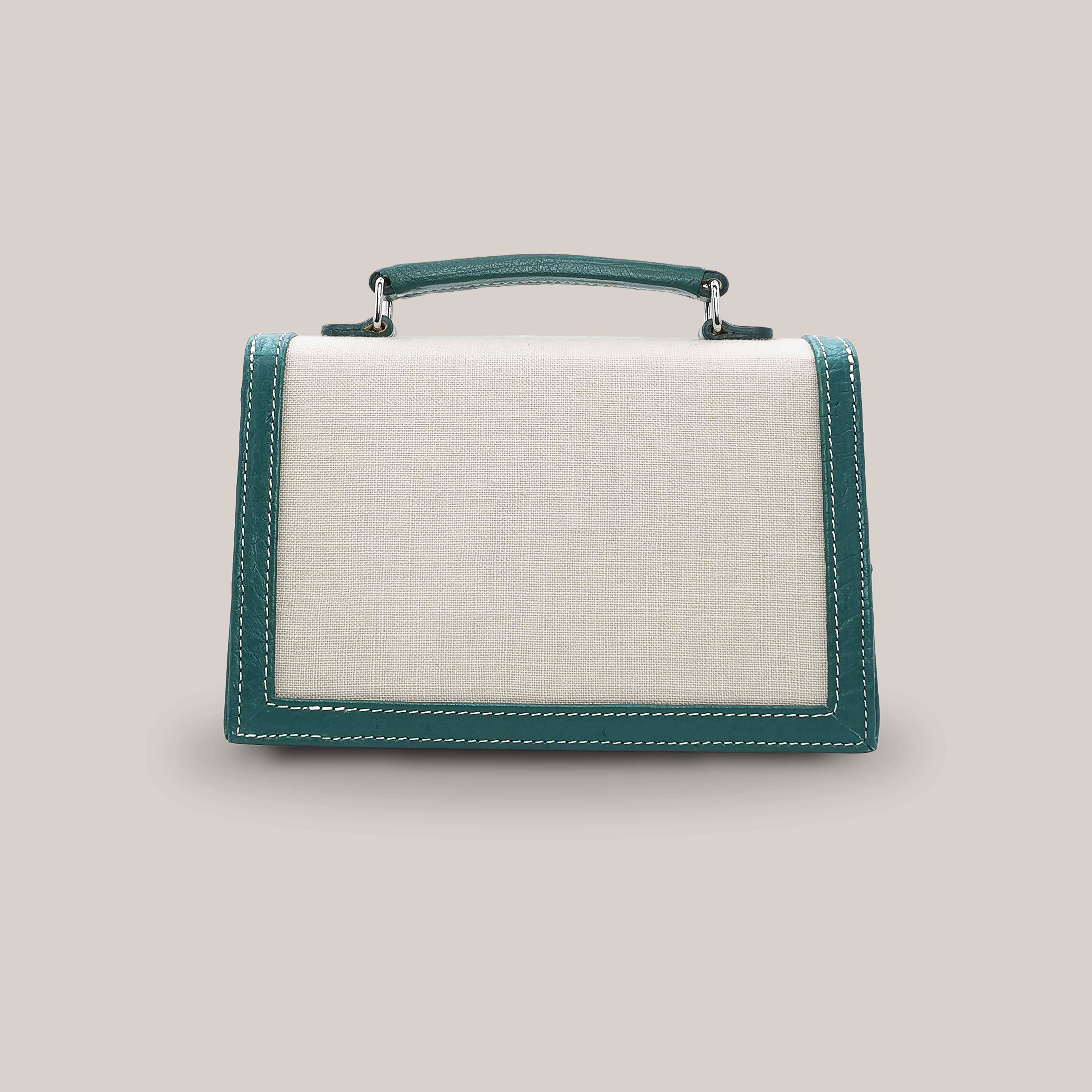 Alca Green Ostrich Leather And Linen Flip Bag for wholesale on Faire4