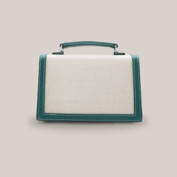 Alca Green Ostrich Leather And Linen Flip Bag for wholesale on Faire4