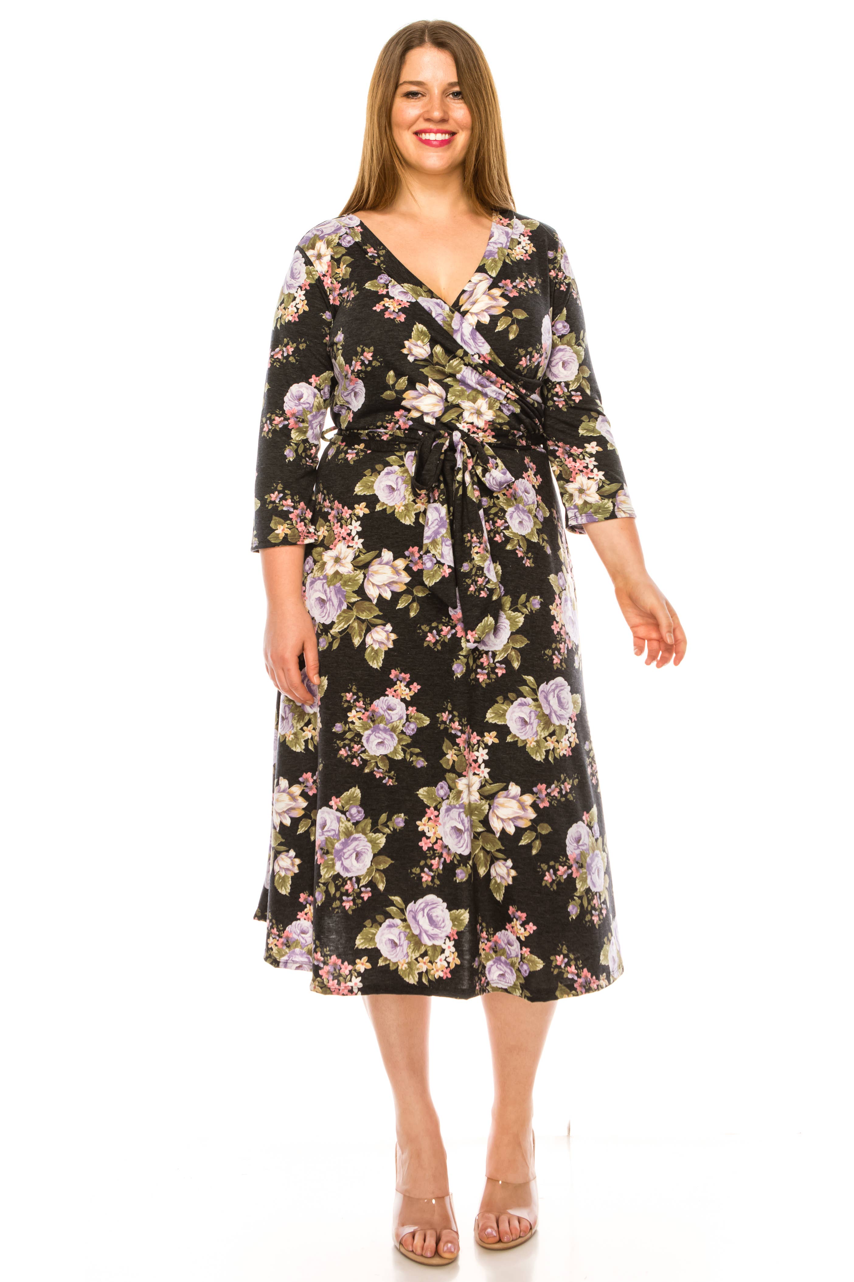 MOA COLLECTION - Vente Robe – femme - Robe portefeuille en faux imprimé à motifs floraux de grande taille pour femmes4