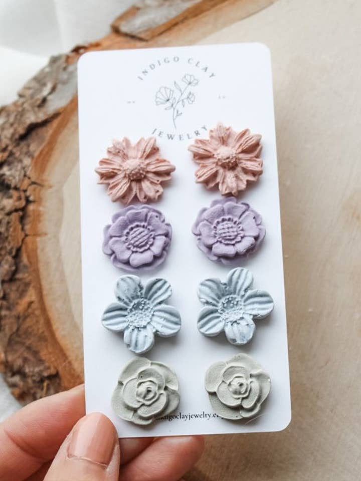 Spring Flower Stud Earrings | Pink Purple Blue Sage Green for wholesale by Indigo Clay Jewelry