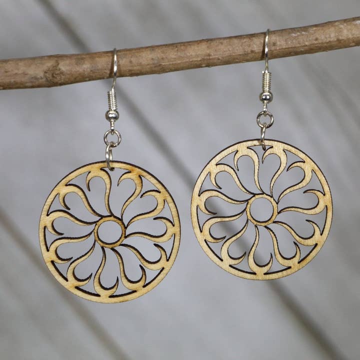 Circle Cutout Flower Wooden Dangle Earrings for wholesale by Cates Concepts