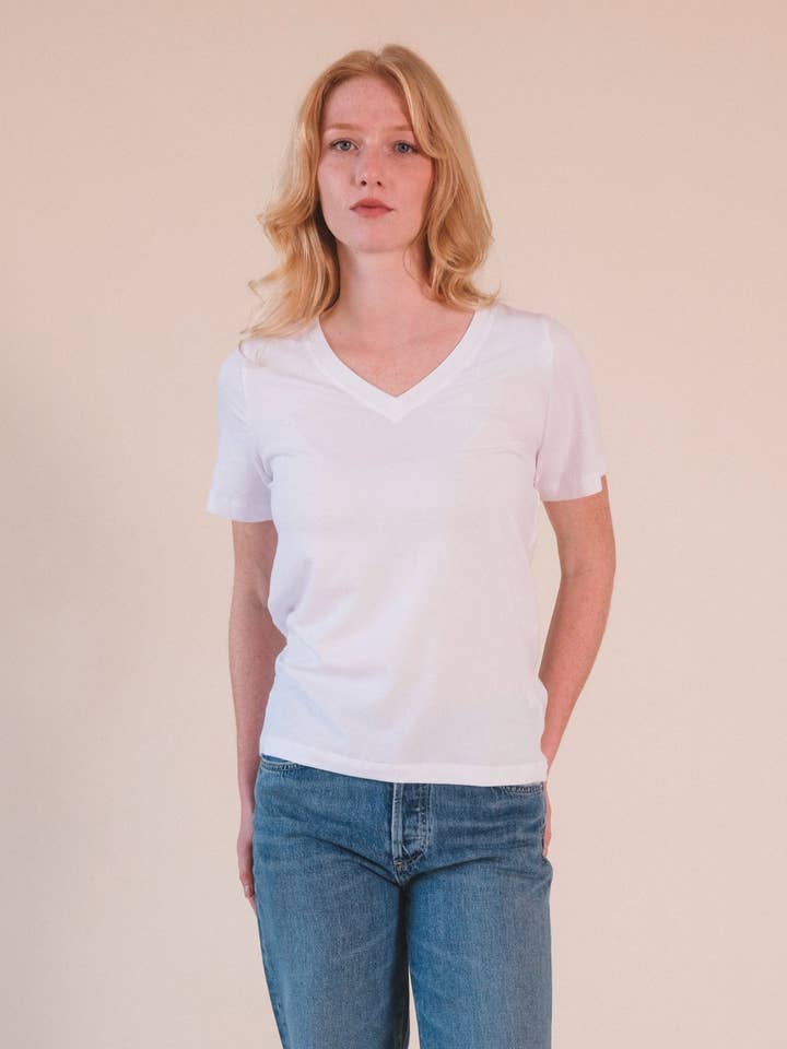 Louise Organic Cotton + Tencel ™ V-neck Tee - White for wholesale by POPLINEN