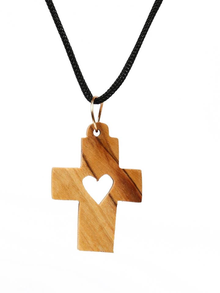 Olive Wood Pendant_ Cross with Hollow Heart for wholesale by Holyland Artisans
