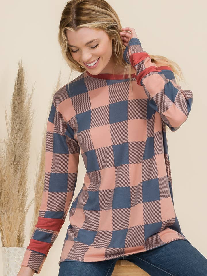 CT43670E-PL -TOP A MANICHE LUNGHE IN TARTAN -TAGLIE FORTI per la vendita all'ingrosso da parte di Celeste Clothing