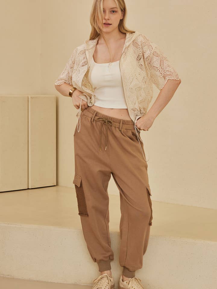 Ivory Zip Up Laced Short Sleeve Top with Hoodie for wholesale on Faire