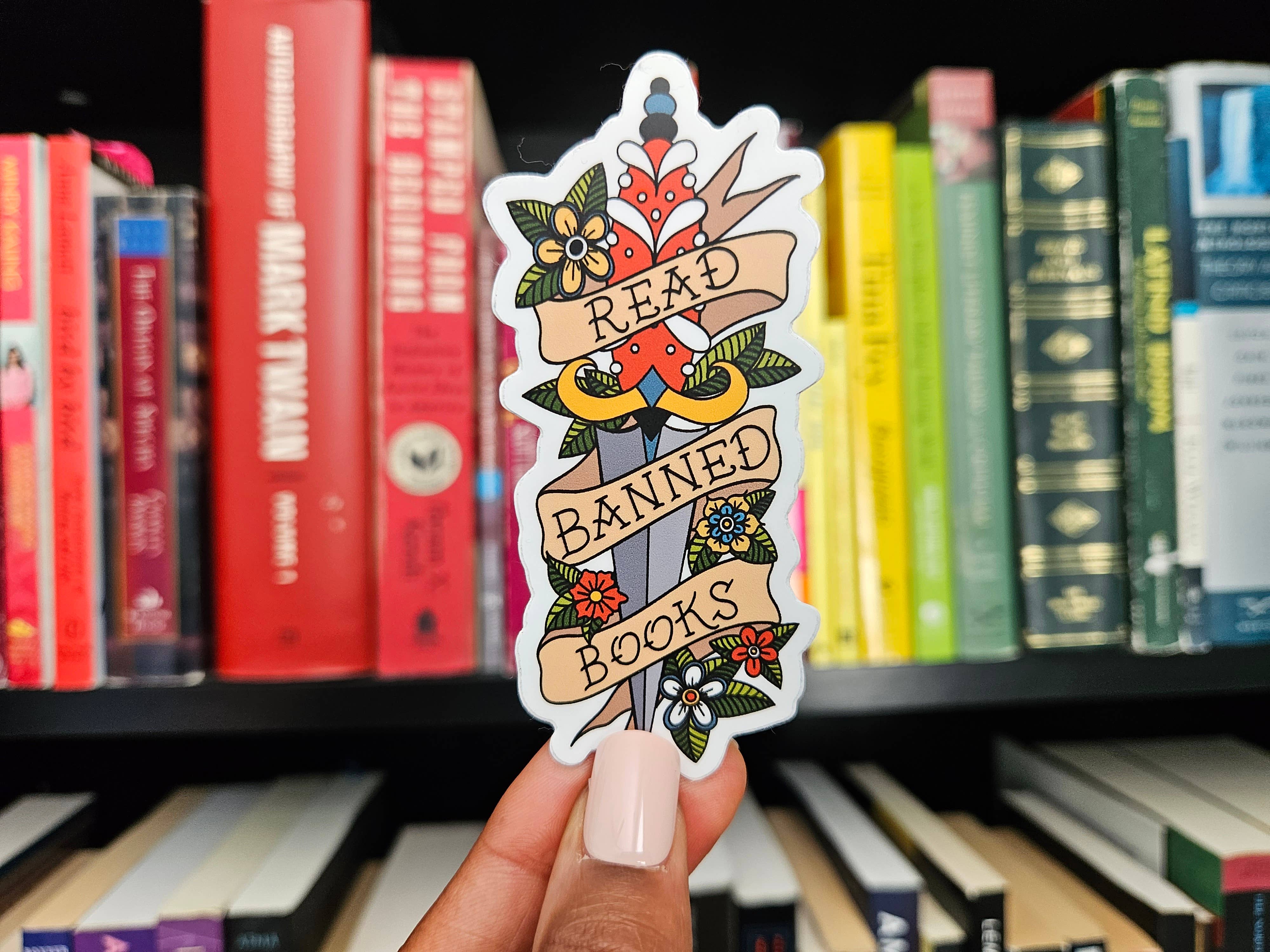 Read Banned Books Tattoo Style Dagger Sticker for wholesale by Nerd Lady Designs