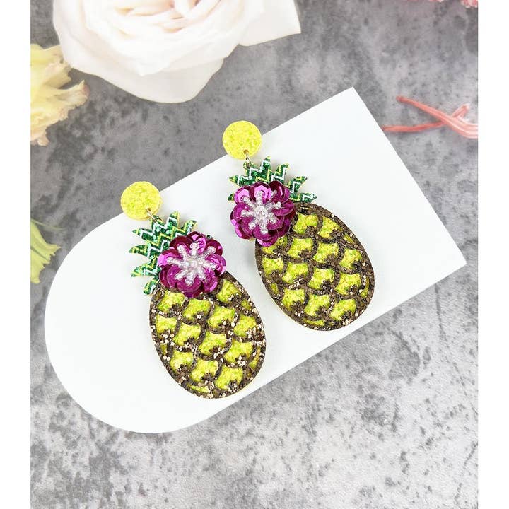 PINEAPPLE GLITTER LEATHER DROP HOOK EARRINGS for wholesale by JHP Collection