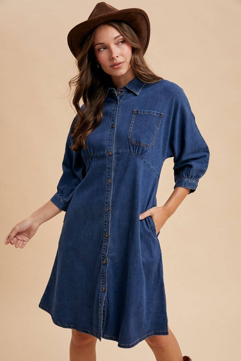 DENIM FONCÉ Robe midi en denim Lyocell extensible à manches dolman en vente sur Faire2