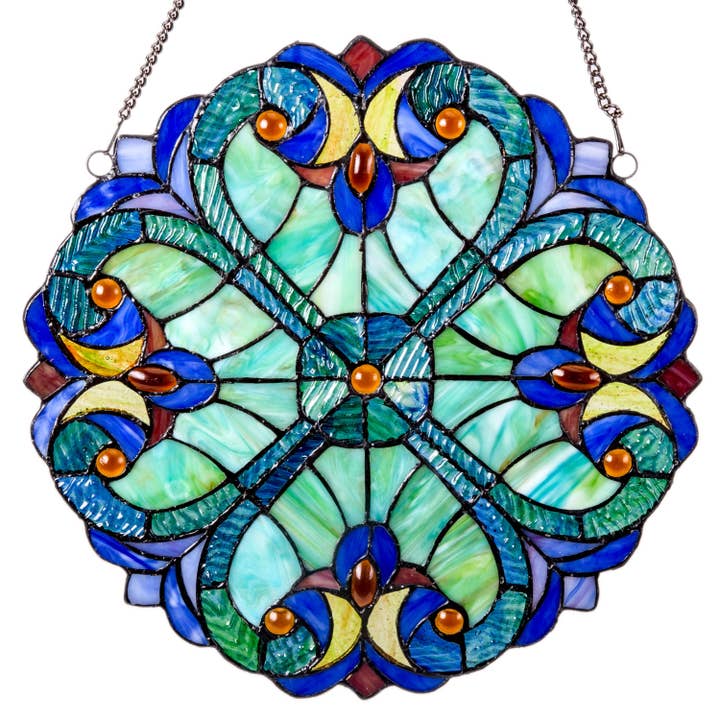 Blue 12"H Halston Multicolor Stained Glass Window Panel for wholesale on Faire9