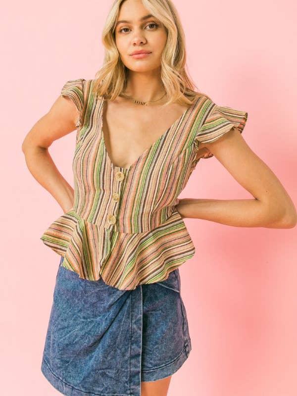 Un top peplum a rayas multicolores - AT1709 para venta al por mayor de FLYING TOMATO