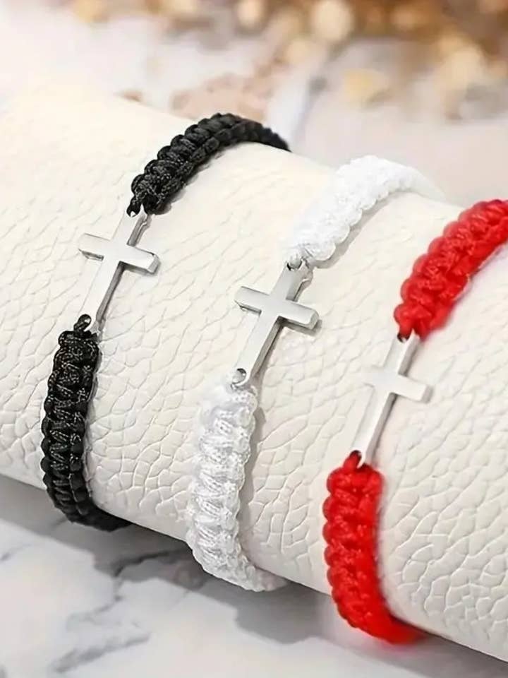Pulseira Cruz em Aço Inoxidável com Corda Entrançada – Ajustável por atacado de 2 Greeks Inc