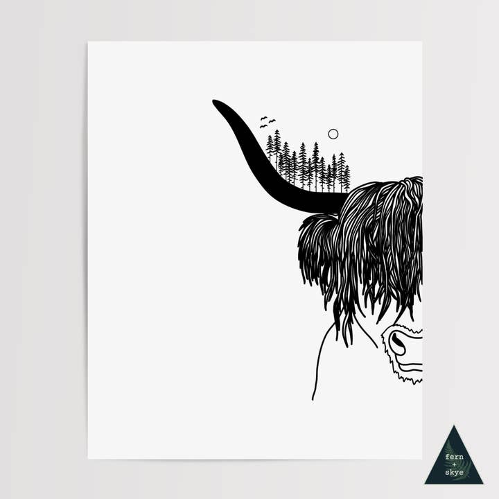 Highland Cow Forest Art Print for wholesale by Fern and Skye