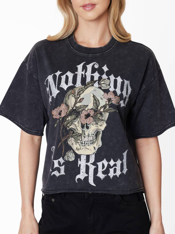 'NOTHING IS REAL' WASHED CROPPED TEE W RHINESTONES for wholesale by Kréamy NYC