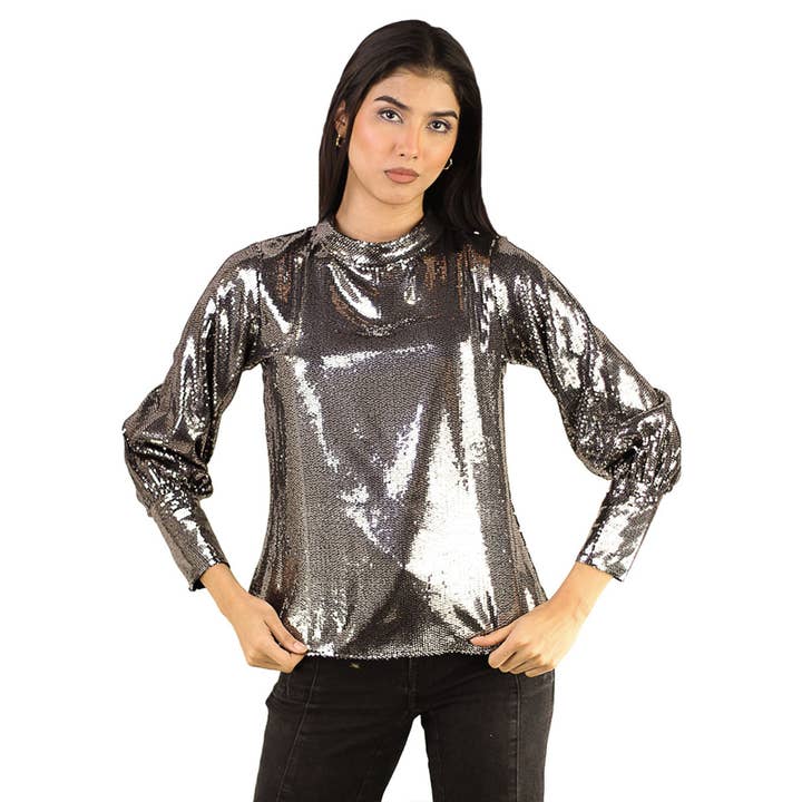 Blusa de fiesta de manga larga con lentejuelas metálicas para mujer Artyska – Blusa brillante de cuello simulado. para venta al por mayor de Artyska
