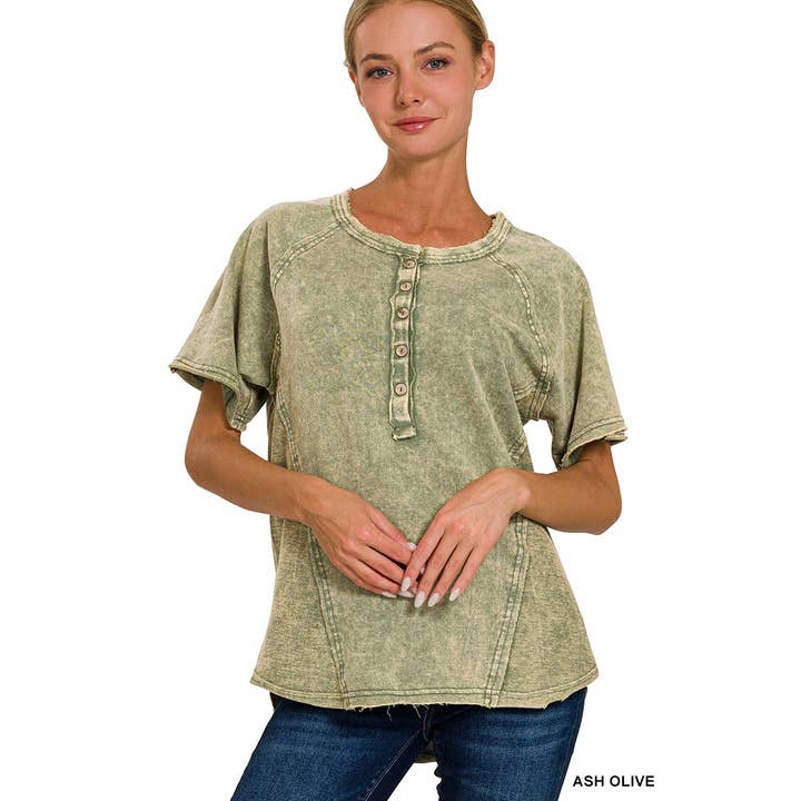 CRINKLE WASHED F TERRY BUTTON HENLEY RAGLAN TOP for wholesale by Apolline