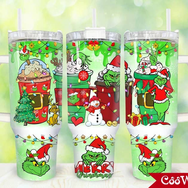 Grinch with Coffee Drinks 40oz Tumbler with Handle for wholesale by JAC Wholesale
