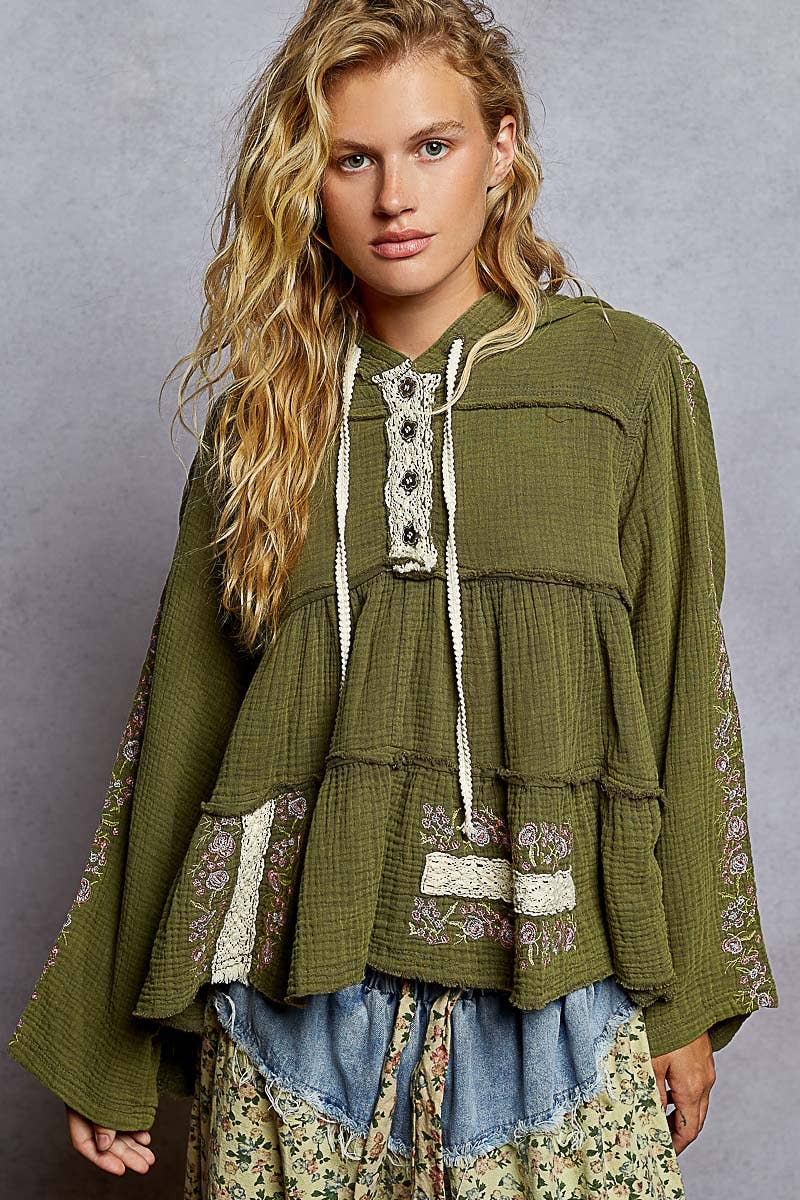 Pol Clothing - Wholesale Hoodie - Women's - Long Sleeve Double Gauze Embroidery Shirring Woven Top25