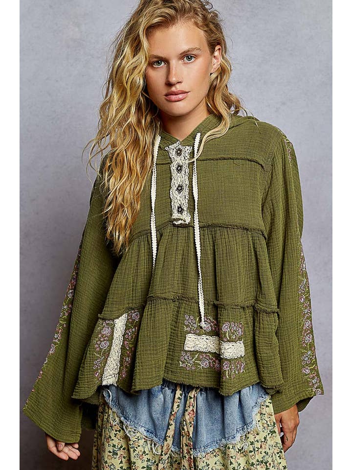 Pol Clothing - Wholesale Hoodie – Women's - Long Sleeve Double Gauze Embroidery Shirring Woven Top25