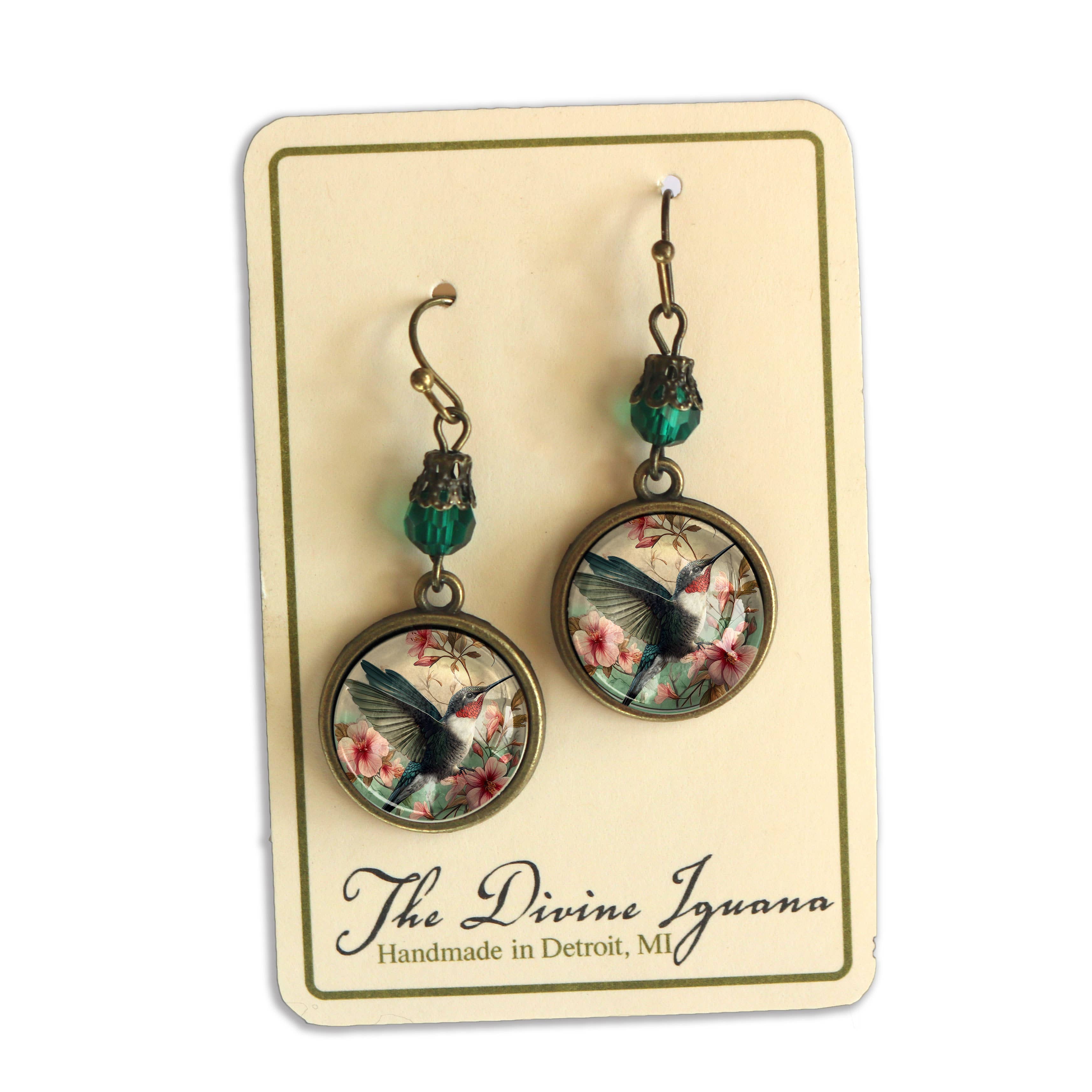 The Divine Iguana - Wholesale Dangle Earrings - Hummingbird Art Nouveau Glass Cabochon Earrings 4