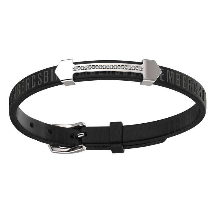 MU1W_LEA01 - Pulseira couro, aço 316l e diamantes por atacado de BIKKEMBERGS