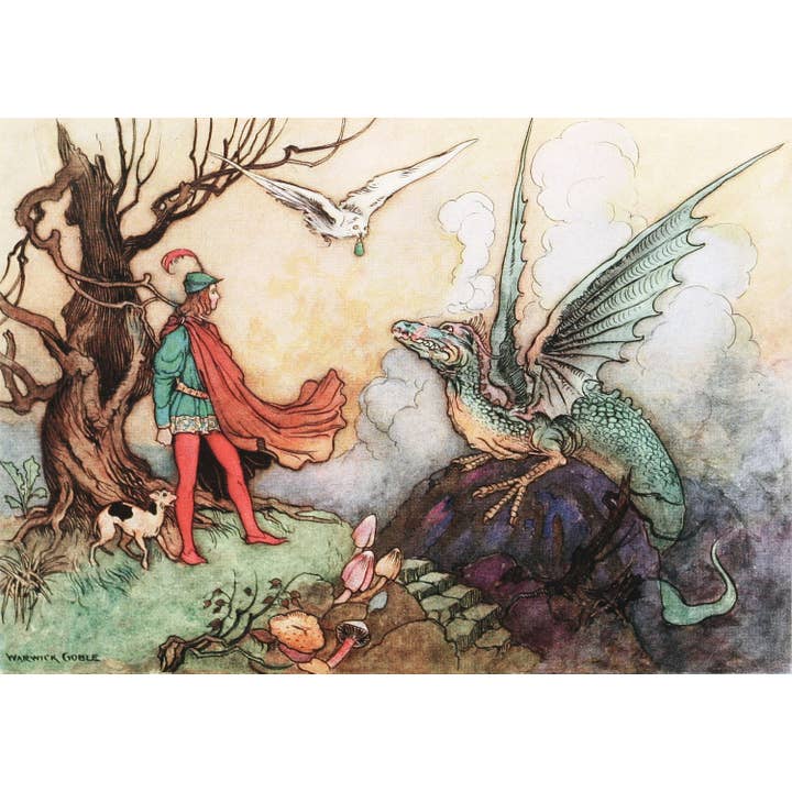 Tirage d'art Dragon vintage | Illustration fantastique et conte de fées | Warwick Goble | Cadeau écologique | Décor vintage moderne pour la vente par Rock Paper Scissors Wall Art