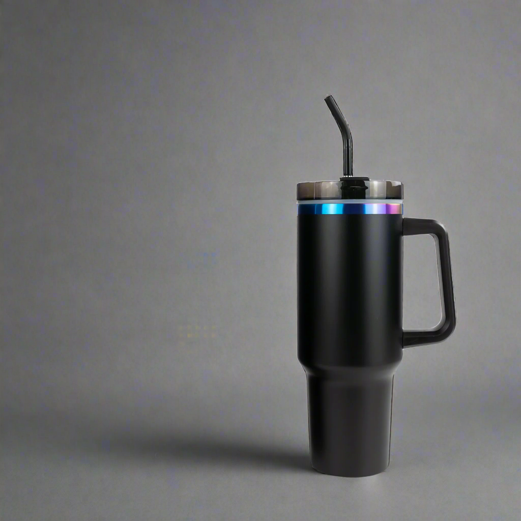 Rainbow Plated BLACK 40oz POWDER COATED TRAVELER TUMBLER for wholesale on Faire10