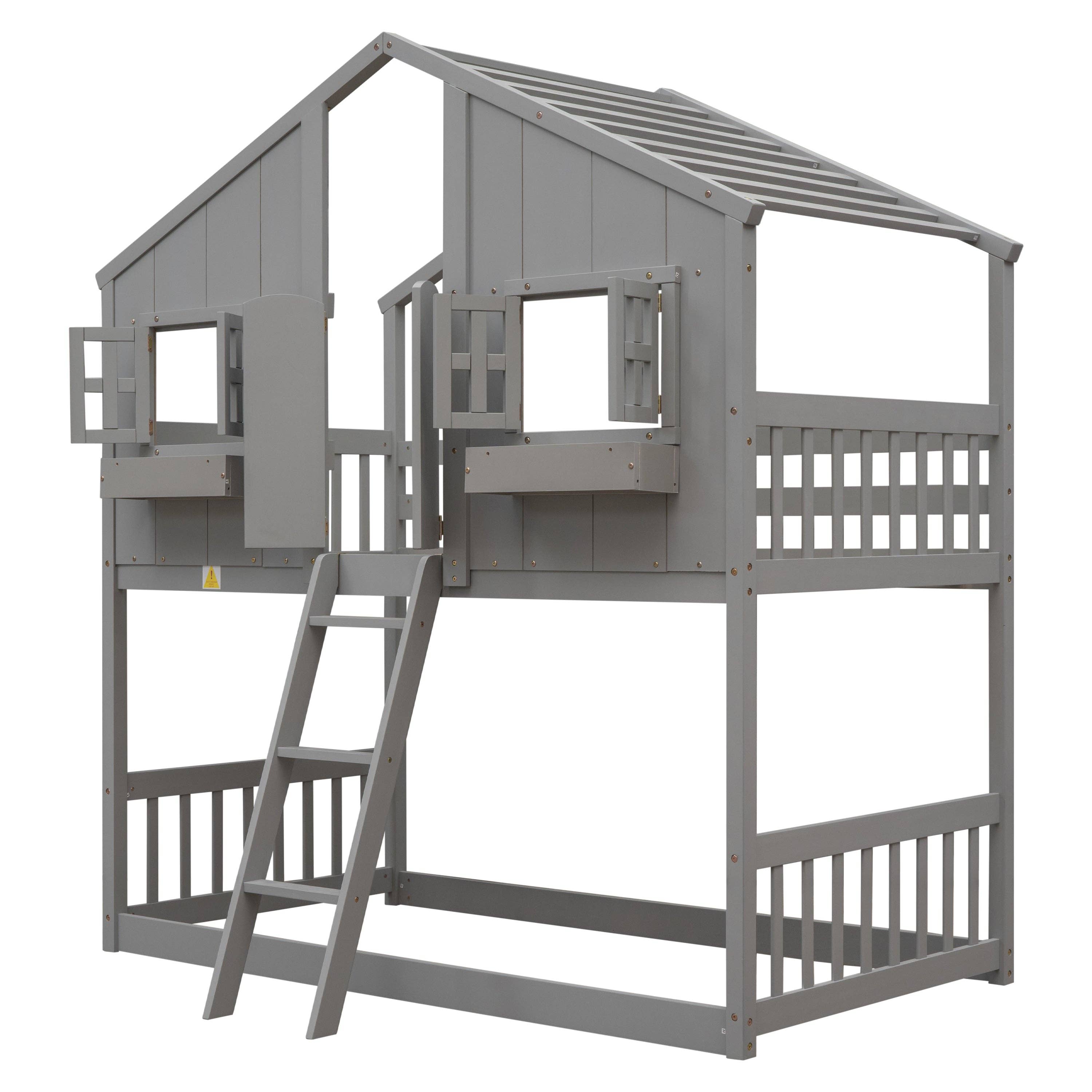 39F Inc. - Wholesale Bed - Kids & Baby - Grey Twin over Twin House Bunk Bed with Roof, Guardrails 18