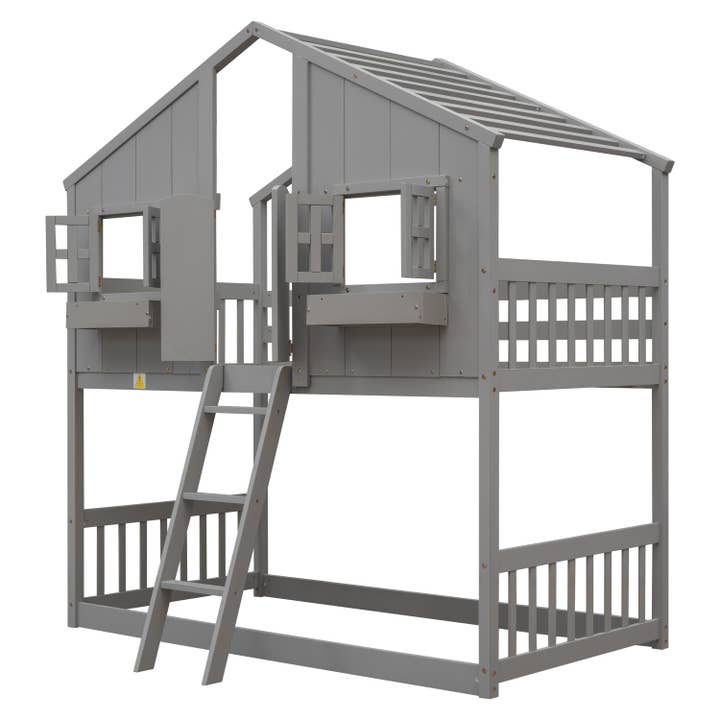 39F Inc. - Wholesale Bed - Kids & Baby - Grey Twin over Twin House Bunk Bed with Roof, Guardrails 18