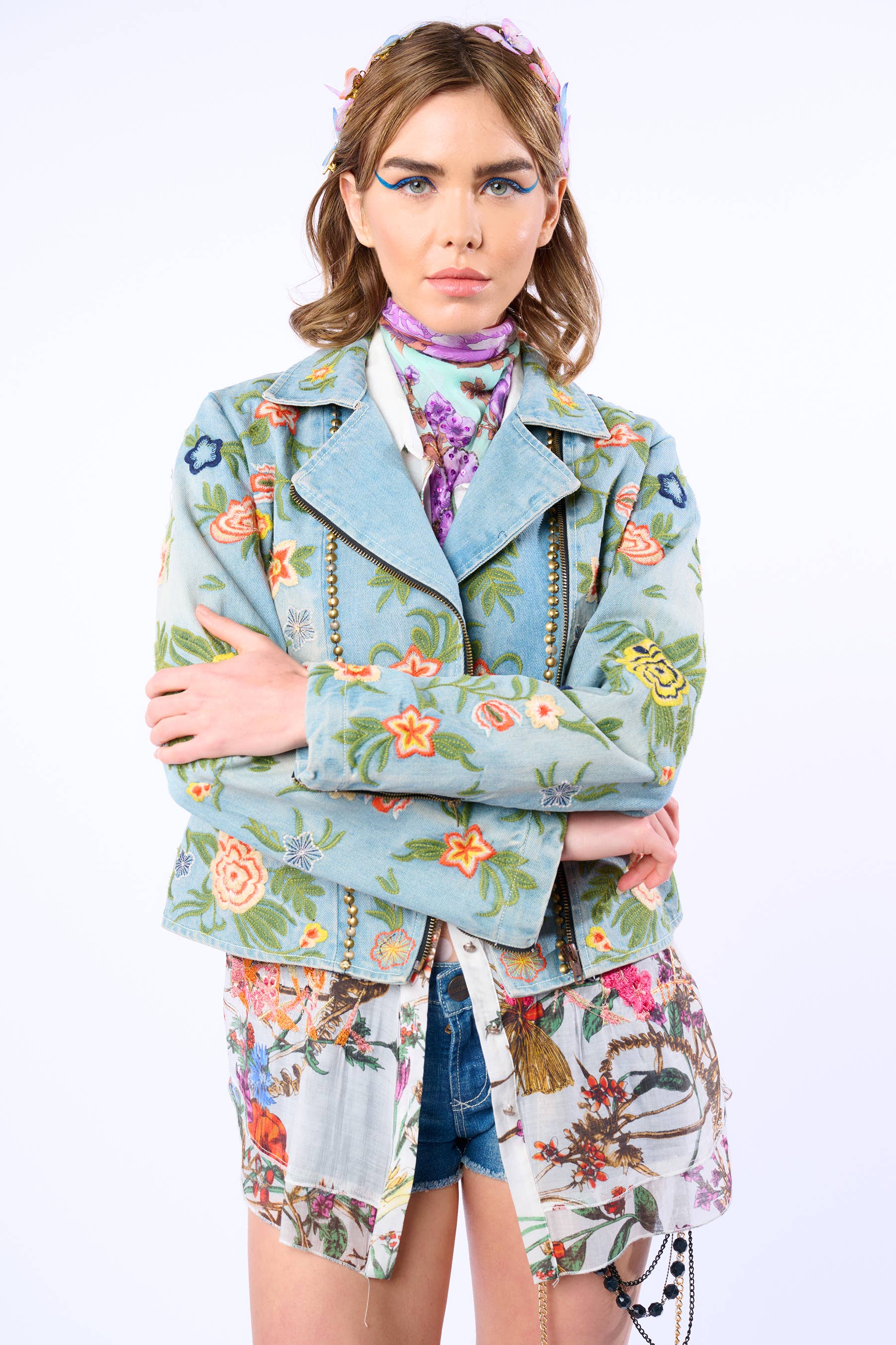 Lucinda Embroidered Denim Motorcycle Jacket for wholesale on Faire12