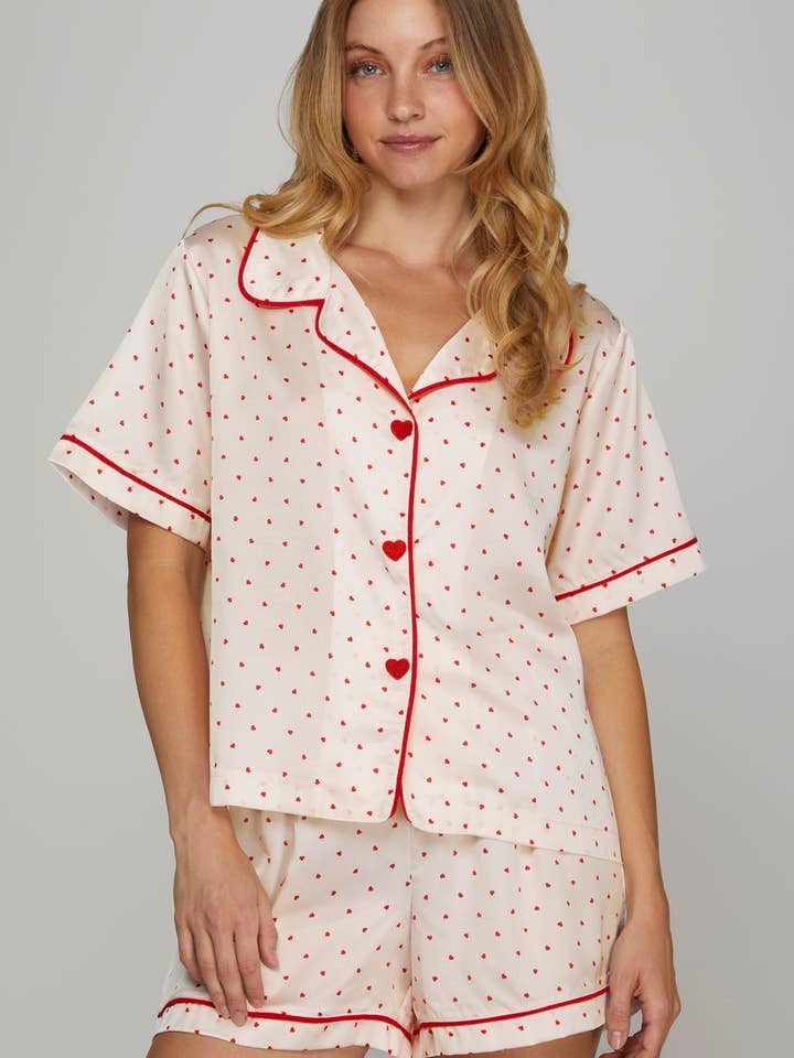 PL5305 - HEART PRINTED TOP AND SHORTS PAJAMA SET for wholesale by Peace Love Line