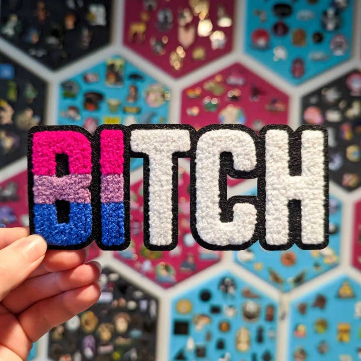 Bi Bitch chenille iron-on patch for wholesale by Cunning Linguist Co.