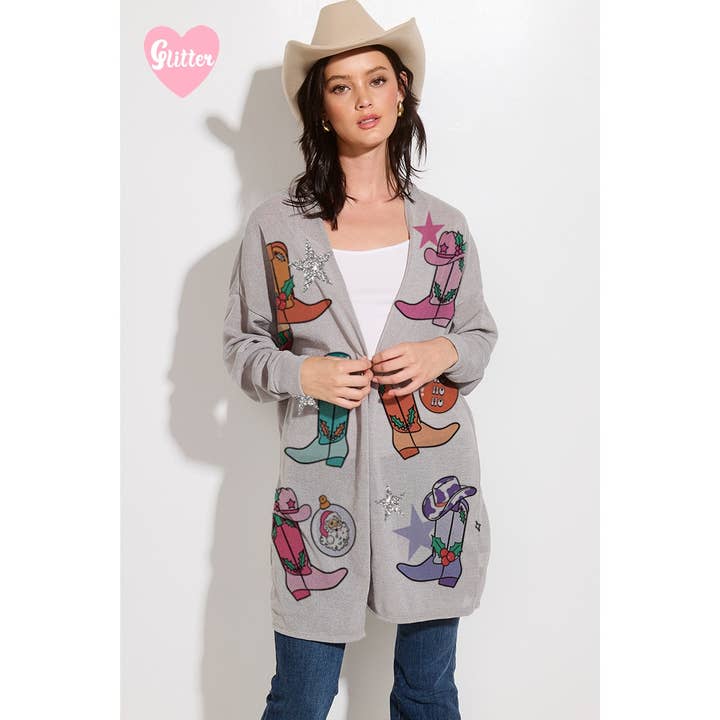 Phil Love - Wholesale Cardigan - Women's - Christmas Cowgirl boots Glitter Knit Cardigan0