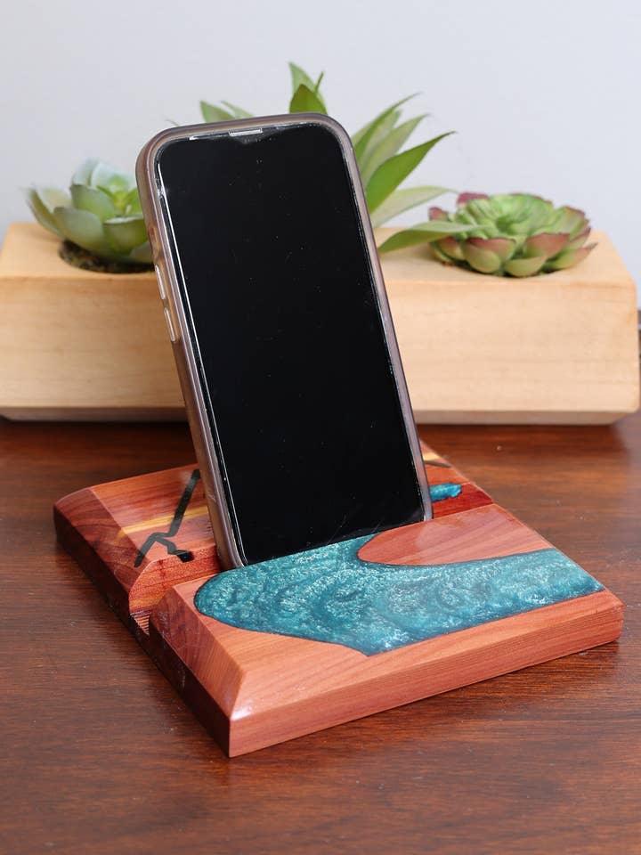 Handmade Wood and Resin Device Holder- Mountain Scene for wholesale by Sawdust and Clay