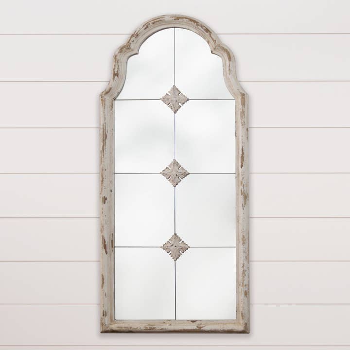 Arched Antiqued Grid Mirror (PC) for wholesale by Audrey's Home & Gift