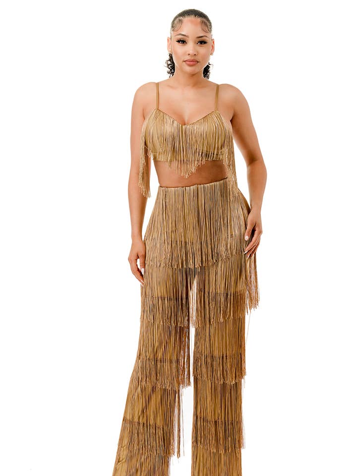 Conjunto de calças com alças de espaguete Plus com franjas e gravata por atacado de Namatt Design