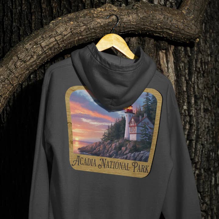 Sweat à capuche en polaire du parc national d'Acadia Graphique côtier pittoresque Panneau de montagne en bois pour la vente par Park Service Apparel