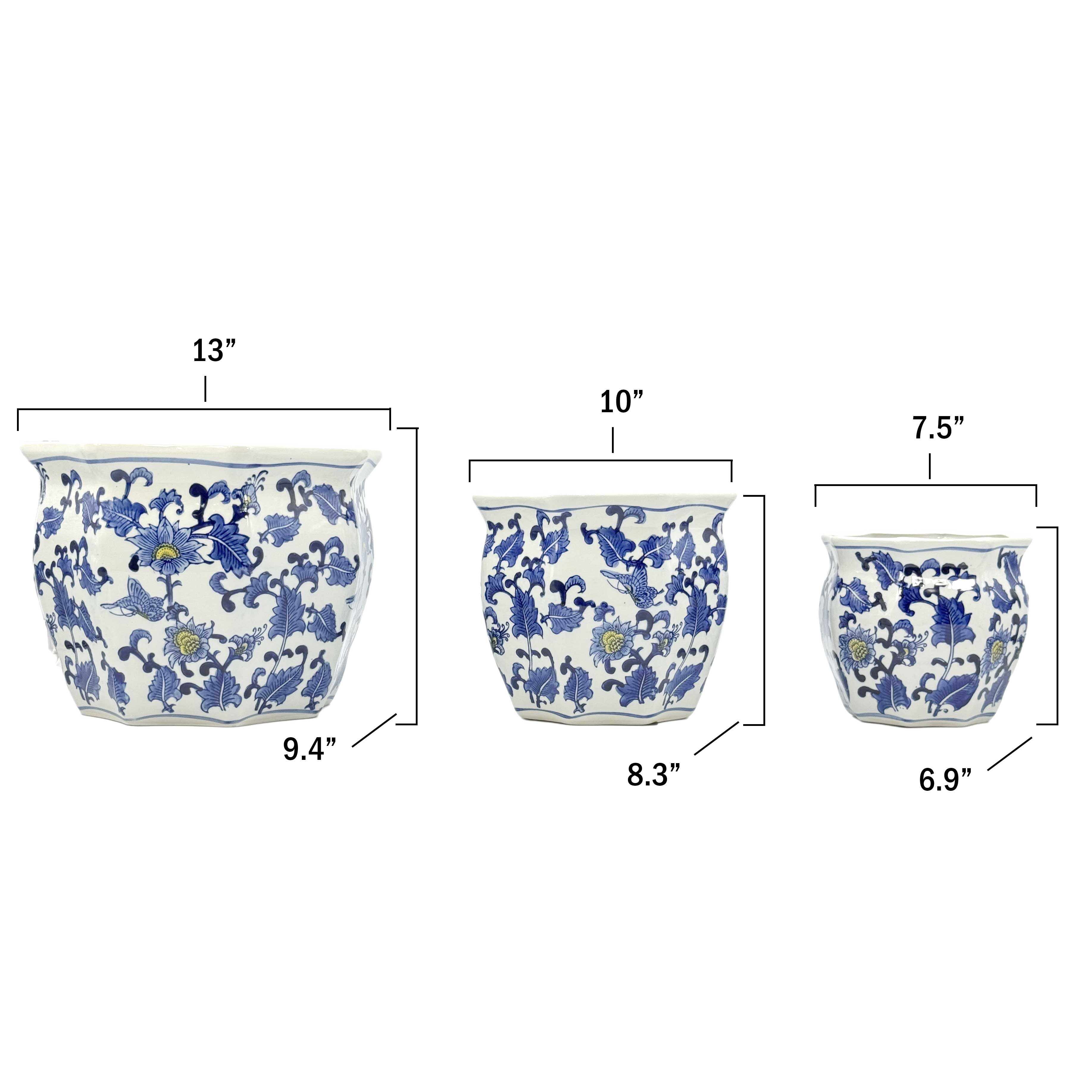 Galt International Company - Vendita all'ingrosso Vasi per piante - Set di 3 vasi per fioriere in ceramica Chinoiserie, 7,5"/10"/13"7