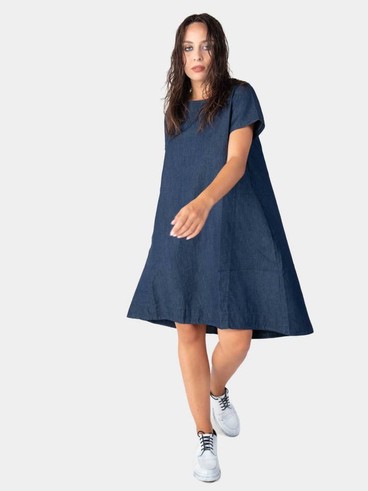 Indigo Round Neck Denim Day Dress for wholesale on Faire2