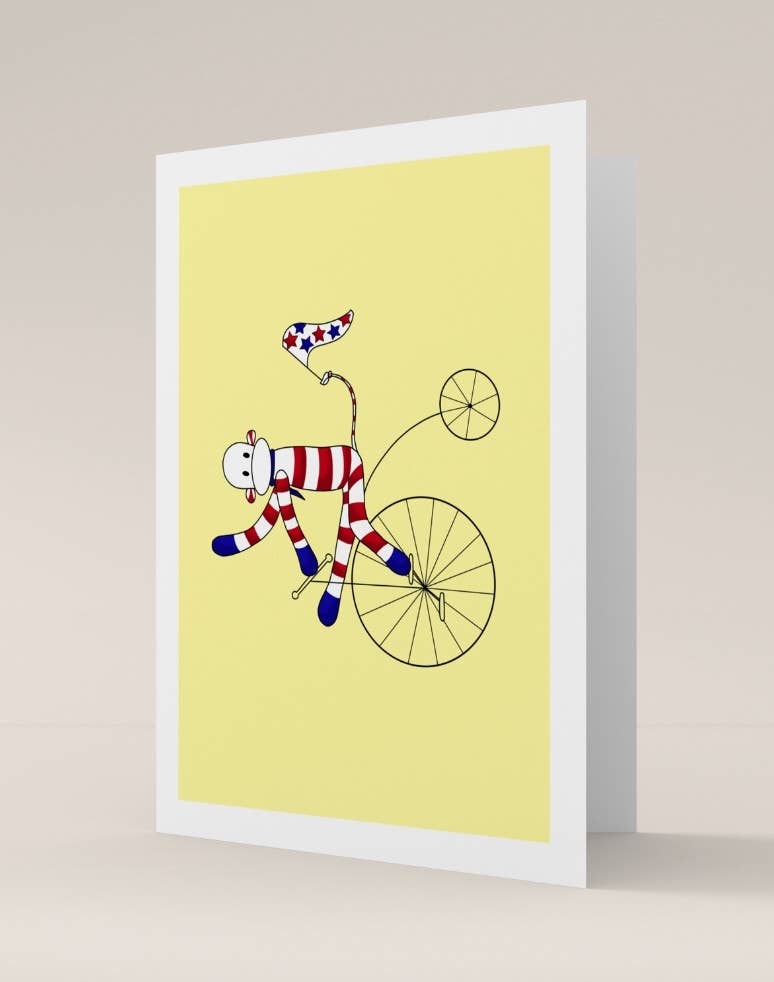 Monsieur Chaussette – wholesale Birthday card – Double card - Cirque Vélo Jaune1