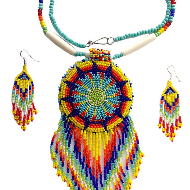 Gelbe blaue Samen Perlen Stern Halskette Ohrringe für den Großhandel von BEADS CORNER