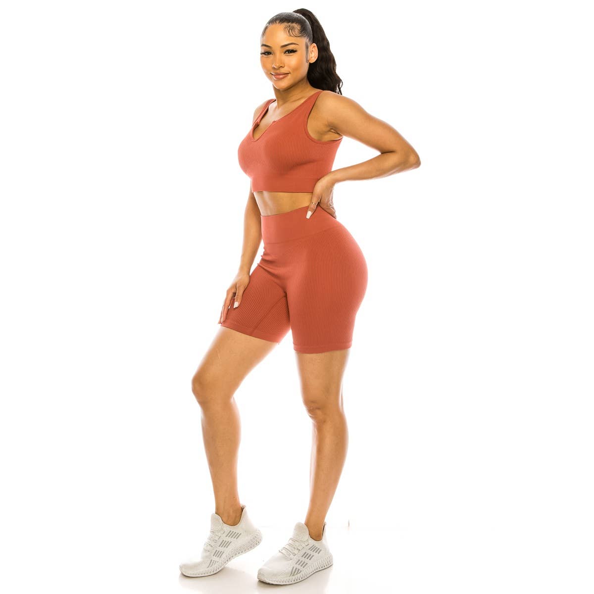 Lime All the Time – wholesale Activewear set – Women′s – 2 Pcs Set Ribbed Muscle Tank Bra and Highwaist Short8