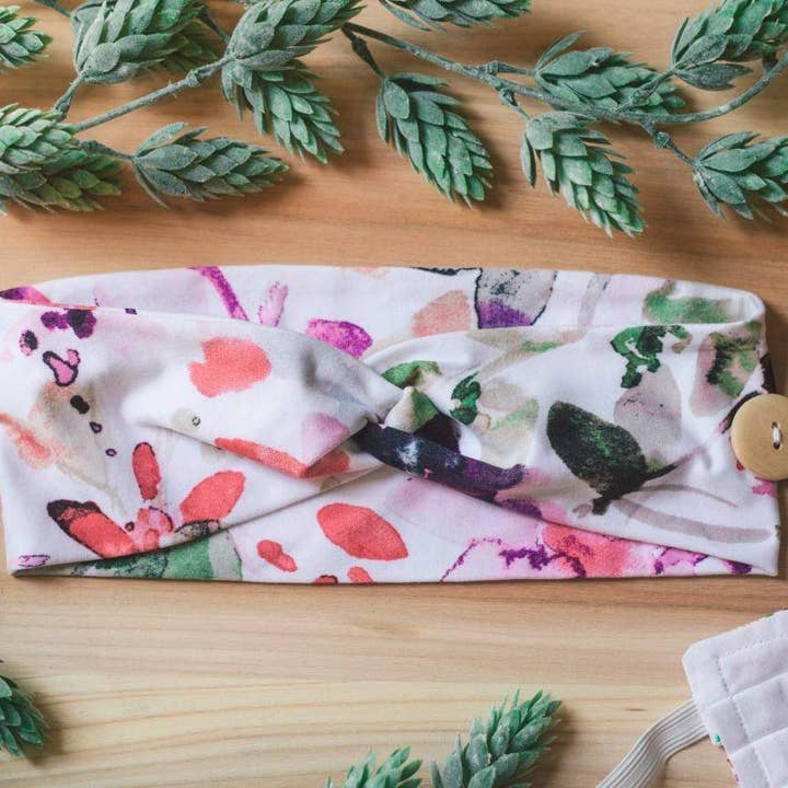 Watercolor floral knot headband with buttons for masks | Headband ear saver | headband for nurse |Nurse headbands | Stretch headband | for wholesale by Square Lane Boutique
