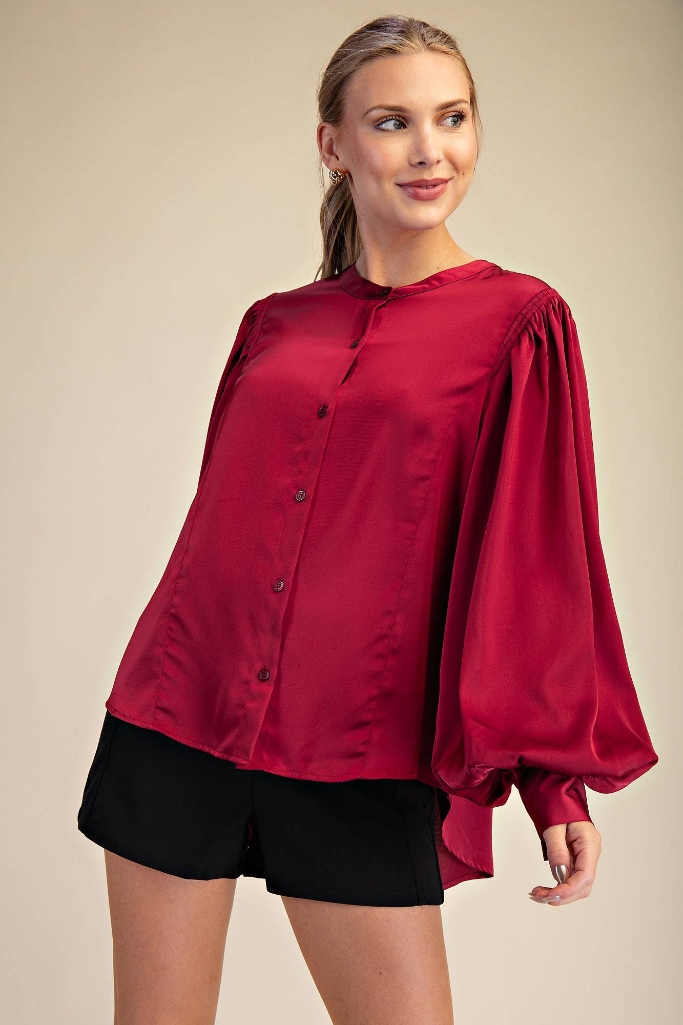Glam - Wholesale Blouse - Women's - Round Neck Button Down Puff Long Sleeve Satin Top22